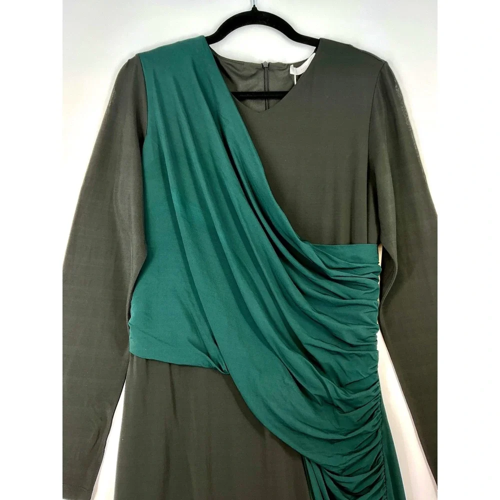 Hugo Boss Eretha Black Green Colorblock Dress Sz XL Ruched Long Sleeve Cocktail - Picture 5 of 14